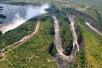 The Victoria Falls produces clouds of spray.
